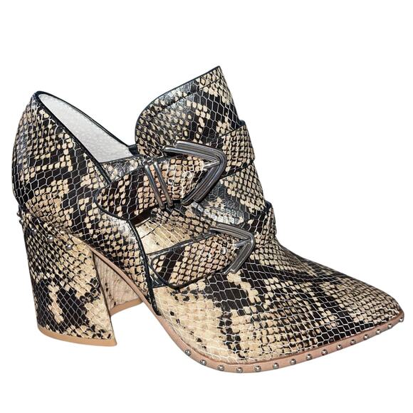 Snakeskin Boots Block Heel Buckle Studs Point Toe - Picture 2 of 9